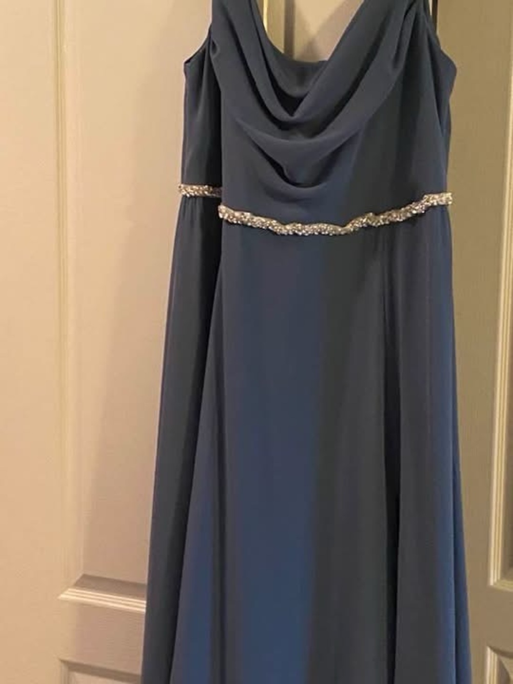 Elegant Blue Cowl Neck Prom Dress with Beaded Waist
